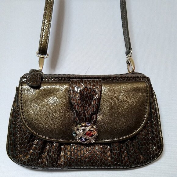 Brighton Crossbody Snakeskin Embossed Purse Bag Green Multi Color Jewels Leather - Picture 1 of 8